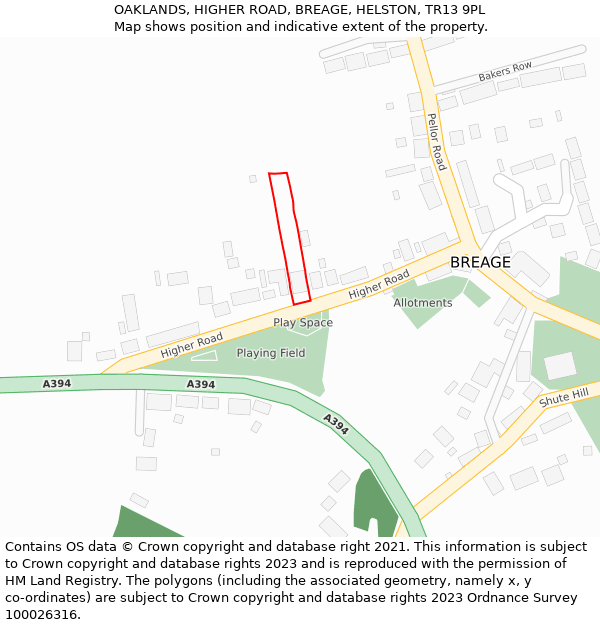 OAKLANDS, HIGHER ROAD, BREAGE, HELSTON, TR13 9PL: Location map and indicative extent of plot