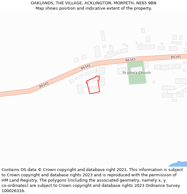 OAKLANDS, THE VILLAGE, ACKLINGTON, MORPETH, NE65 9BN: Location map and indicative extent of plot