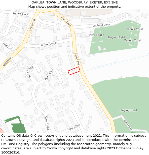 OAKLEA, TOWN LANE, WOODBURY, EXETER, EX5 1NE: Location map and indicative extent of plot