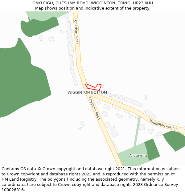 OAKLEIGH, CHESHAM ROAD, WIGGINTON, TRING, HP23 6HH: Location map and indicative extent of plot