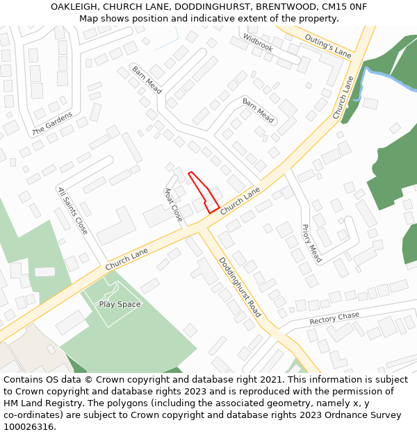 OAKLEIGH, CHURCH LANE, DODDINGHURST, BRENTWOOD, CM15 0NF: Location map and indicative extent of plot