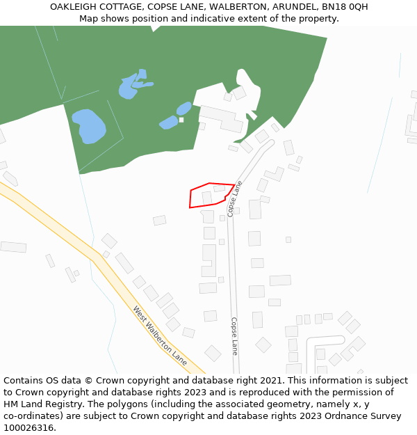 OAKLEIGH COTTAGE, COPSE LANE, WALBERTON, ARUNDEL, BN18 0QH: Location map and indicative extent of plot