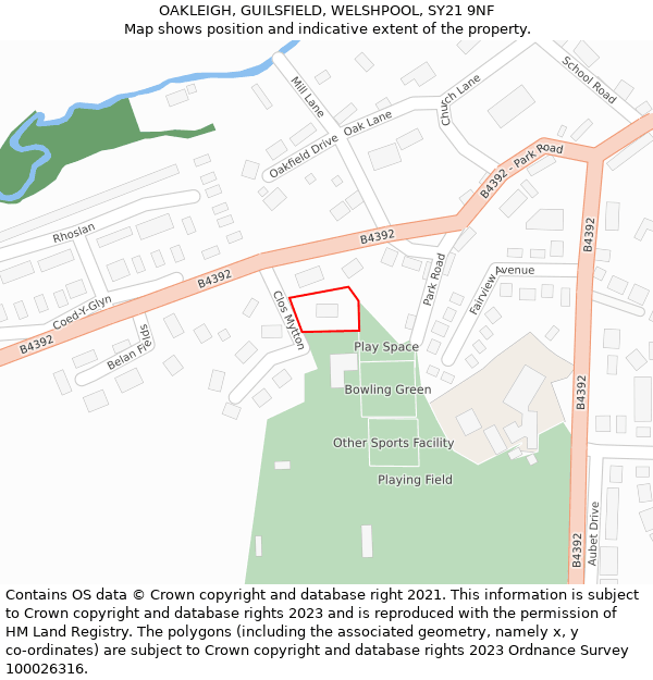 OAKLEIGH, GUILSFIELD, WELSHPOOL, SY21 9NF: Location map and indicative extent of plot