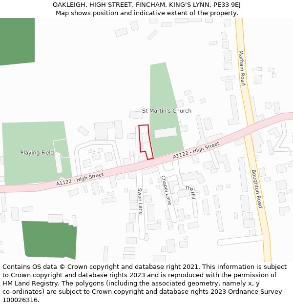 OAKLEIGH, HIGH STREET, FINCHAM, KING'S LYNN, PE33 9EJ: Location map and indicative extent of plot