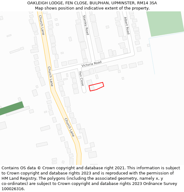 OAKLEIGH LODGE, FEN CLOSE, BULPHAN, UPMINSTER, RM14 3SA: Location map and indicative extent of plot