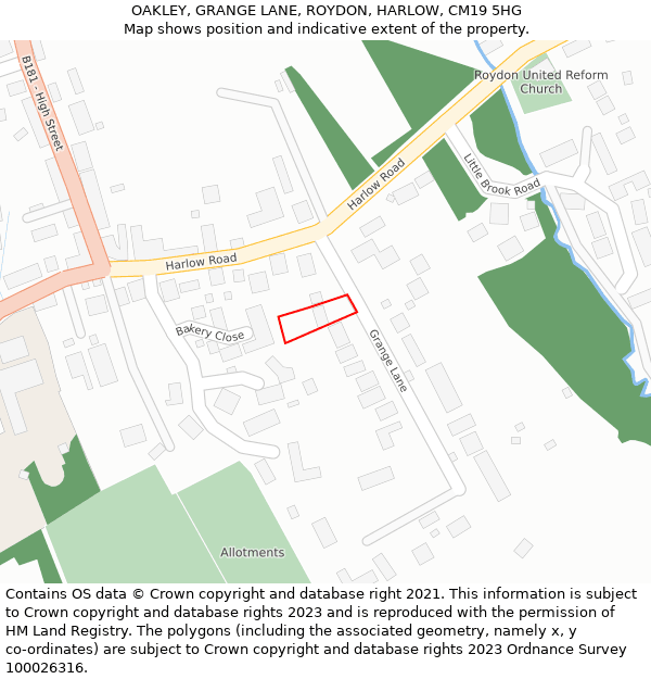 OAKLEY, GRANGE LANE, ROYDON, HARLOW, CM19 5HG: Location map and indicative extent of plot