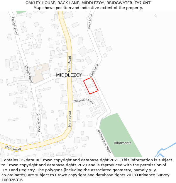 OAKLEY HOUSE, BACK LANE, MIDDLEZOY, BRIDGWATER, TA7 0NT: Location map and indicative extent of plot