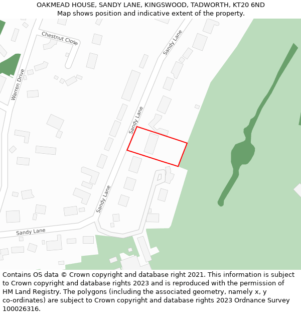 OAKMEAD HOUSE, SANDY LANE, KINGSWOOD, TADWORTH, KT20 6ND: Location map and indicative extent of plot