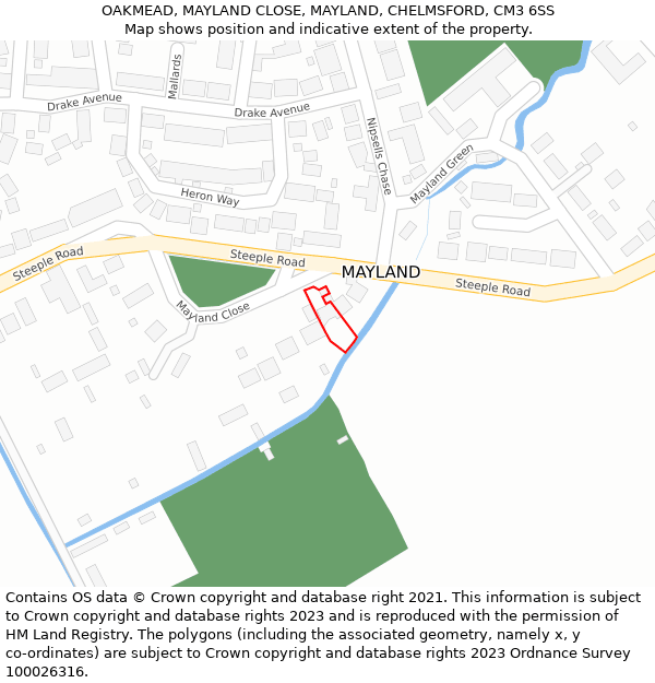 OAKMEAD, MAYLAND CLOSE, MAYLAND, CHELMSFORD, CM3 6SS: Location map and indicative extent of plot