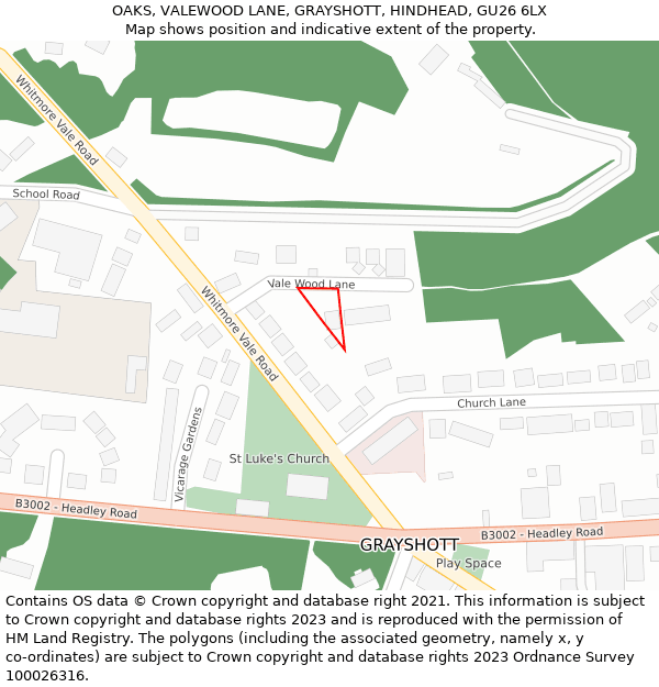 OAKS, VALEWOOD LANE, GRAYSHOTT, HINDHEAD, GU26 6LX: Location map and indicative extent of plot