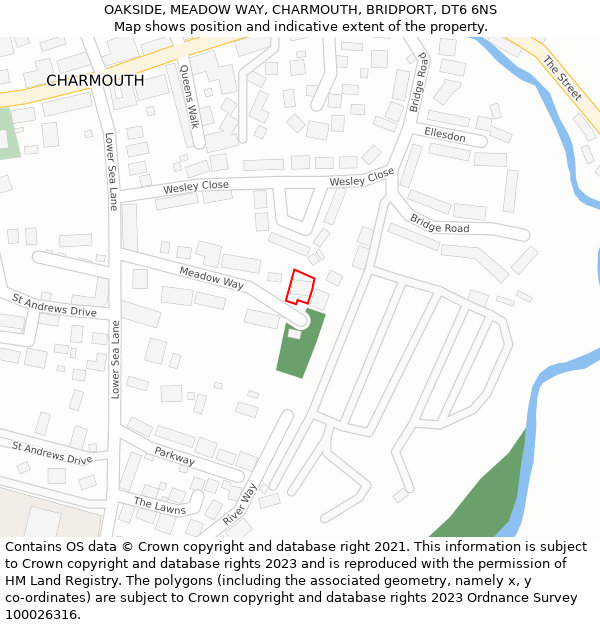 OAKSIDE, MEADOW WAY, CHARMOUTH, BRIDPORT, DT6 6NS: Location map and indicative extent of plot