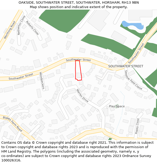 OAKSIDE, SOUTHWATER STREET, SOUTHWATER, HORSHAM, RH13 9BN: Location map and indicative extent of plot