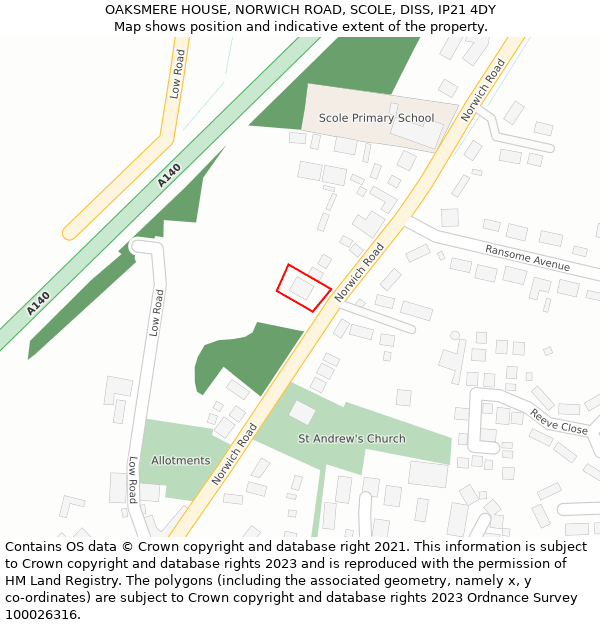 OAKSMERE HOUSE, NORWICH ROAD, SCOLE, DISS, IP21 4DY: Location map and indicative extent of plot