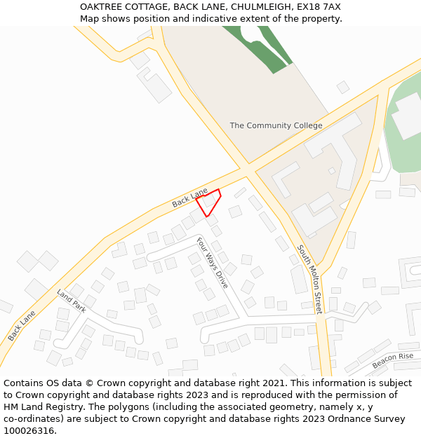 OAKTREE COTTAGE, BACK LANE, CHULMLEIGH, EX18 7AX: Location map and indicative extent of plot