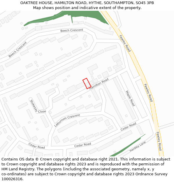 OAKTREE HOUSE, HAMILTON ROAD, HYTHE, SOUTHAMPTON, SO45 3PB: Location map and indicative extent of plot