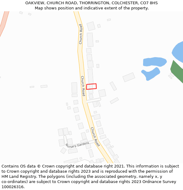OAKVIEW, CHURCH ROAD, THORRINGTON, COLCHESTER, CO7 8HS: Location map and indicative extent of plot