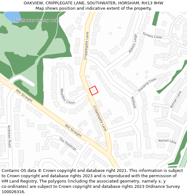 OAKVIEW, CRIPPLEGATE LANE, SOUTHWATER, HORSHAM, RH13 9HW: Location map and indicative extent of plot