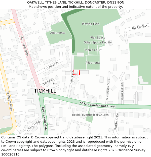 OAKWELL, TITHES LANE, TICKHILL, DONCASTER, DN11 9QN: Location map and indicative extent of plot