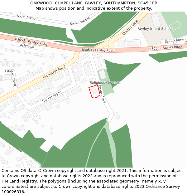 OAKWOOD, CHAPEL LANE, FAWLEY, SOUTHAMPTON, SO45 1EB: Location map and indicative extent of plot