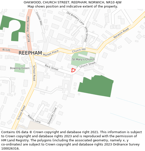OAKWOOD, CHURCH STREET, REEPHAM, NORWICH, NR10 4JW: Location map and indicative extent of plot