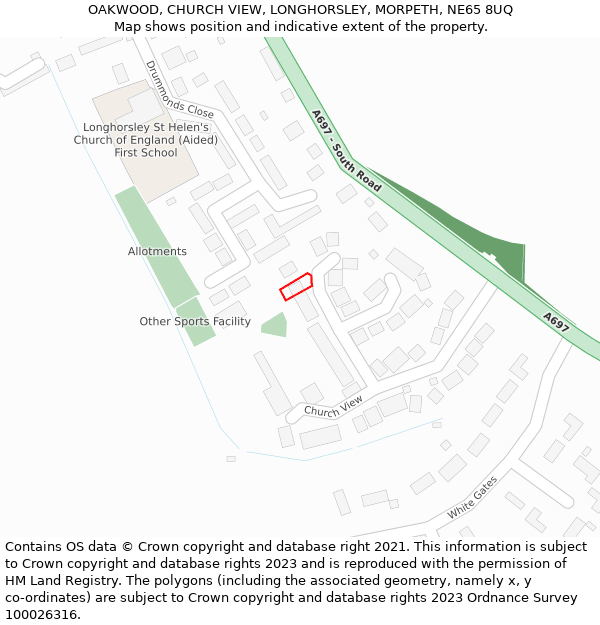 OAKWOOD, CHURCH VIEW, LONGHORSLEY, MORPETH, NE65 8UQ: Location map and indicative extent of plot