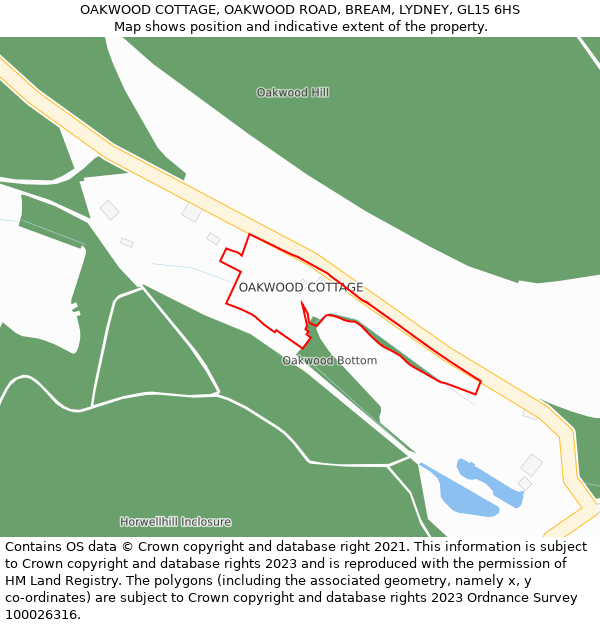 OAKWOOD COTTAGE, OAKWOOD ROAD, BREAM, LYDNEY, GL15 6HS: Location map and indicative extent of plot