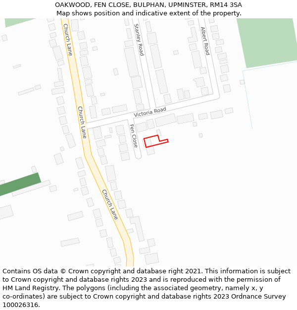 OAKWOOD, FEN CLOSE, BULPHAN, UPMINSTER, RM14 3SA: Location map and indicative extent of plot