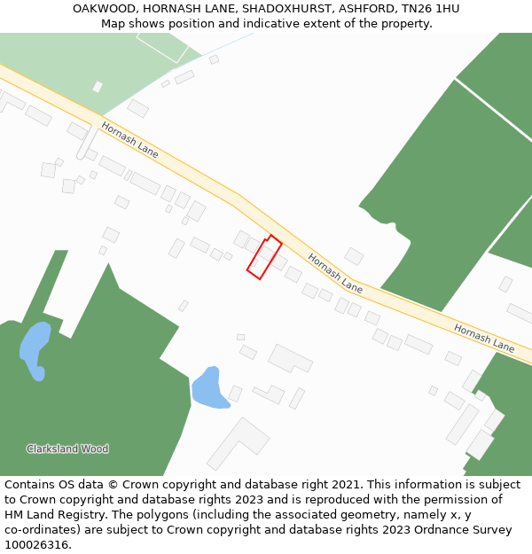 OAKWOOD, HORNASH LANE, SHADOXHURST, ASHFORD, TN26 1HU: Location map and indicative extent of plot