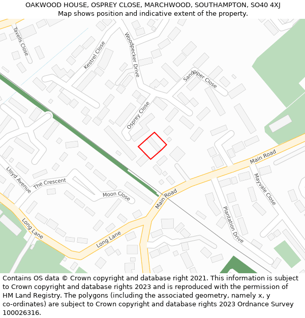 OAKWOOD HOUSE, OSPREY CLOSE, MARCHWOOD, SOUTHAMPTON, SO40 4XJ: Location map and indicative extent of plot