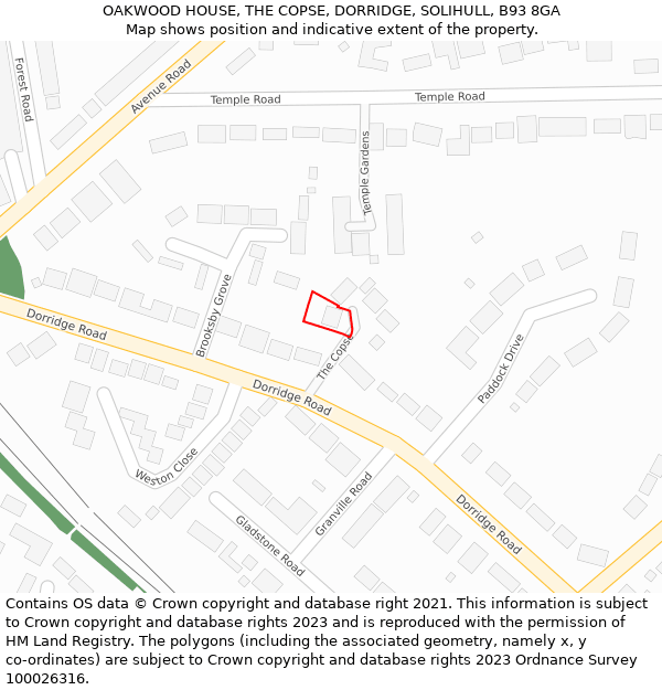 OAKWOOD HOUSE, THE COPSE, DORRIDGE, SOLIHULL, B93 8GA: Location map and indicative extent of plot