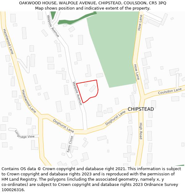 OAKWOOD HOUSE, WALPOLE AVENUE, CHIPSTEAD, COULSDON, CR5 3PQ: Location map and indicative extent of plot