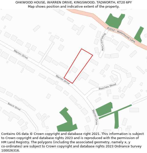 OAKWOOD HOUSE, WARREN DRIVE, KINGSWOOD, TADWORTH, KT20 6PY: Location map and indicative extent of plot