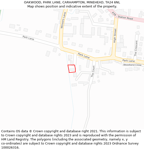 OAKWOOD, PARK LANE, CARHAMPTON, MINEHEAD, TA24 6NL: Location map and indicative extent of plot