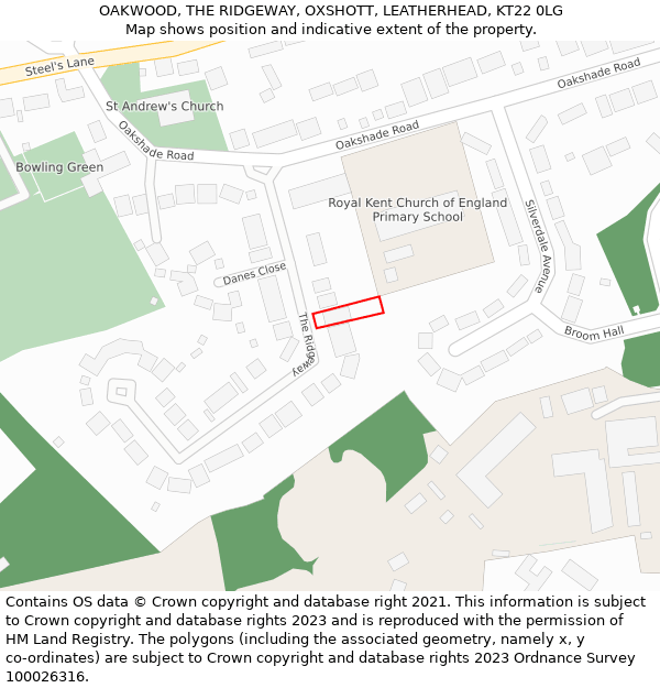 OAKWOOD, THE RIDGEWAY, OXSHOTT, LEATHERHEAD, KT22 0LG: Location map and indicative extent of plot