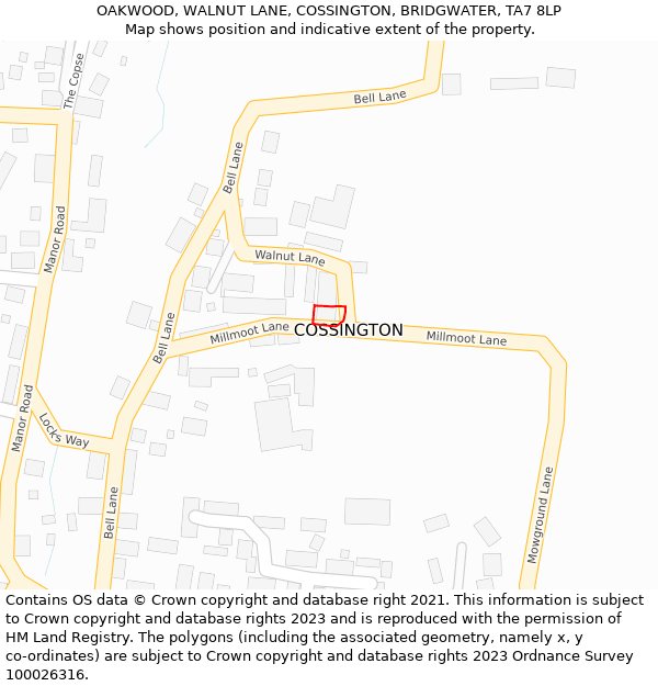 OAKWOOD, WALNUT LANE, COSSINGTON, BRIDGWATER, TA7 8LP: Location map and indicative extent of plot