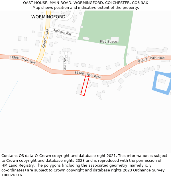 OAST HOUSE, MAIN ROAD, WORMINGFORD, COLCHESTER, CO6 3AX: Location map and indicative extent of plot