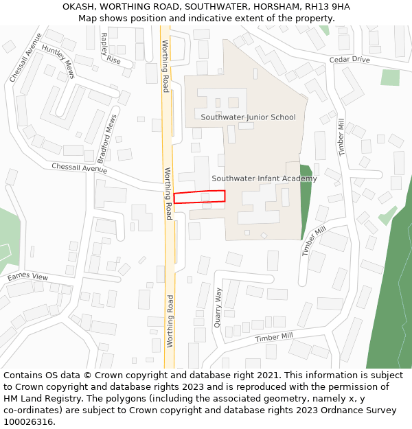 OKASH, WORTHING ROAD, SOUTHWATER, HORSHAM, RH13 9HA: Location map and indicative extent of plot