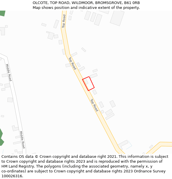 OLCOTE, TOP ROAD, WILDMOOR, BROMSGROVE, B61 0RB: Location map and indicative extent of plot