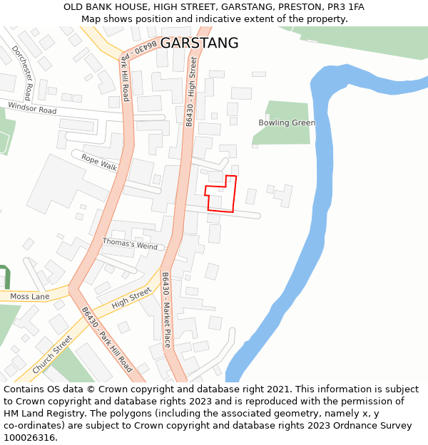 OLD BANK HOUSE, HIGH STREET, GARSTANG, PRESTON, PR3 1FA: Location map and indicative extent of plot