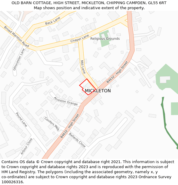OLD BARN COTTAGE, HIGH STREET, MICKLETON, CHIPPING CAMPDEN, GL55 6RT: Location map and indicative extent of plot