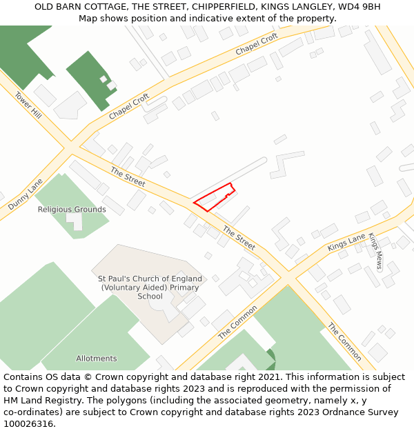 OLD BARN COTTAGE, THE STREET, CHIPPERFIELD, KINGS LANGLEY, WD4 9BH: Location map and indicative extent of plot