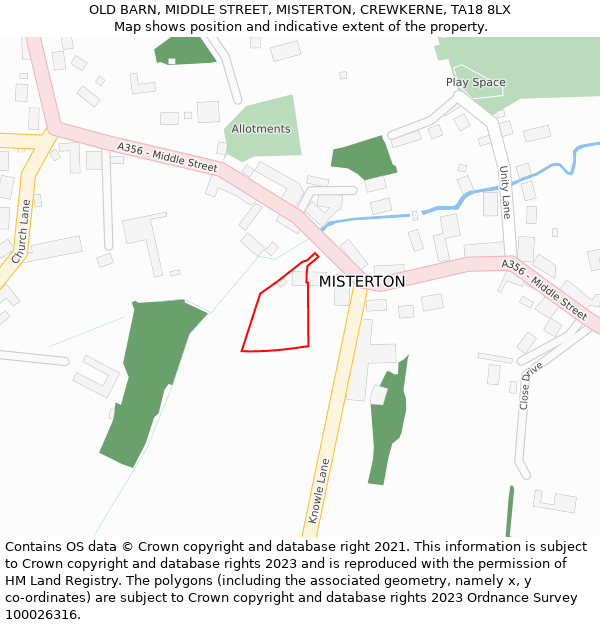 OLD BARN, MIDDLE STREET, MISTERTON, CREWKERNE, TA18 8LX: Location map and indicative extent of plot