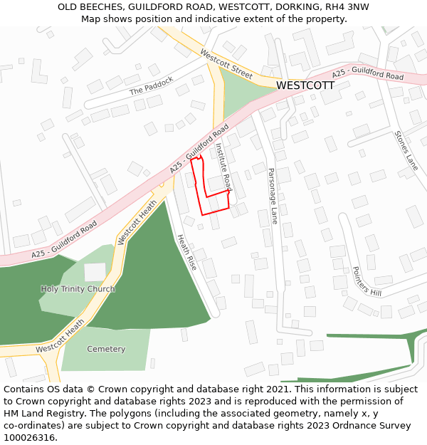 OLD BEECHES, GUILDFORD ROAD, WESTCOTT, DORKING, RH4 3NW: Location map and indicative extent of plot