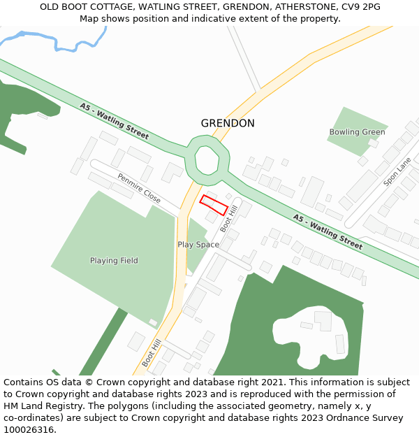 OLD BOOT COTTAGE, WATLING STREET, GRENDON, ATHERSTONE, CV9 2PG: Location map and indicative extent of plot