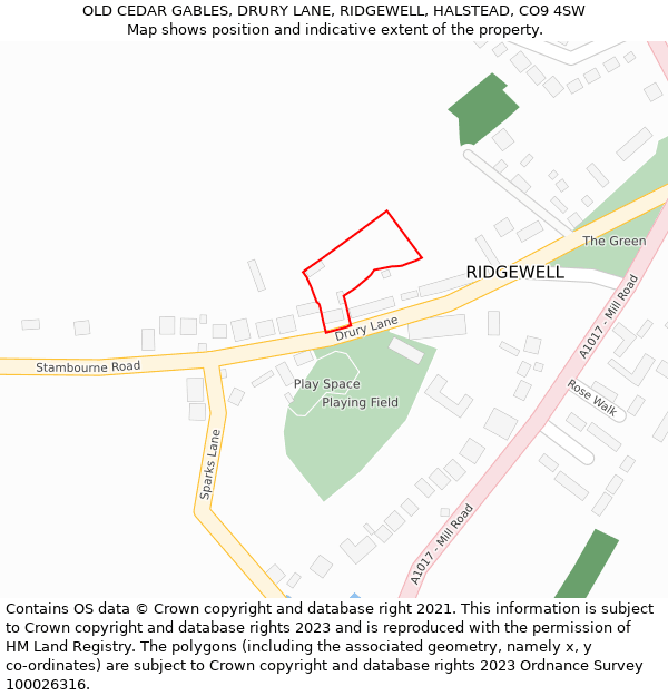 OLD CEDAR GABLES, DRURY LANE, RIDGEWELL, HALSTEAD, CO9 4SW: Location map and indicative extent of plot