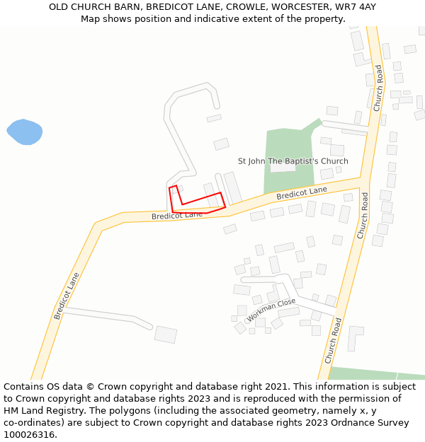 OLD CHURCH BARN, BREDICOT LANE, CROWLE, WORCESTER, WR7 4AY: Location map and indicative extent of plot