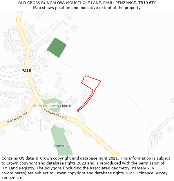 OLD CROSS BUNGALOW, MOUSEHOLE LANE, PAUL, PENZANCE, TR19 6TY: Location map and indicative extent of plot