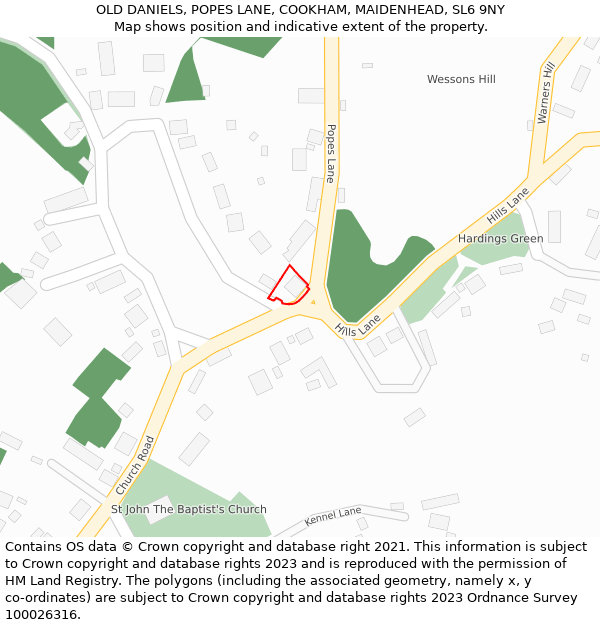 OLD DANIELS, POPES LANE, COOKHAM, MAIDENHEAD, SL6 9NY: Location map and indicative extent of plot