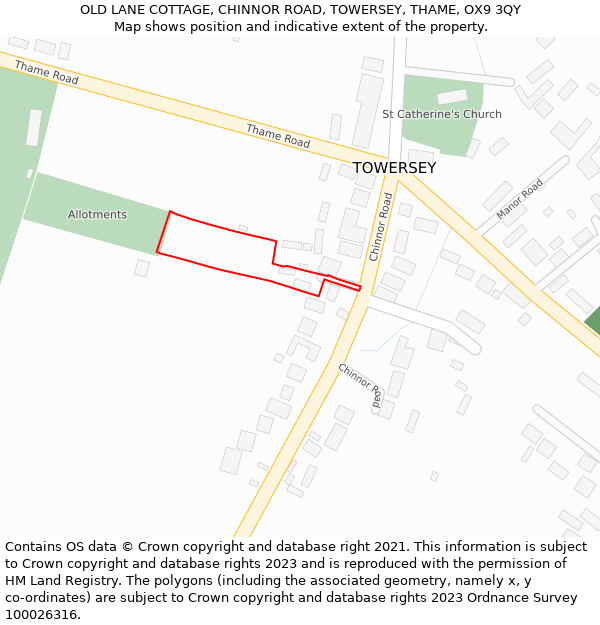OLD LANE COTTAGE, CHINNOR ROAD, TOWERSEY, THAME, OX9 3QY: Location map and indicative extent of plot