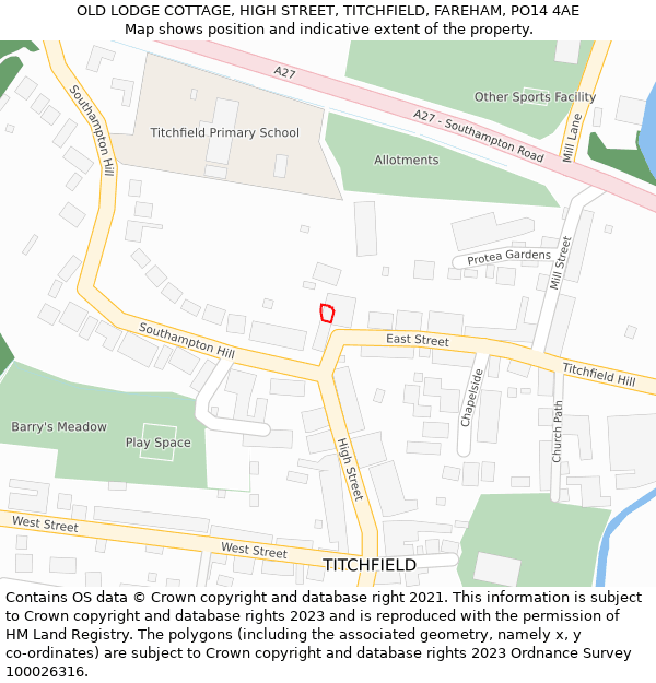 OLD LODGE COTTAGE, HIGH STREET, TITCHFIELD, FAREHAM, PO14 4AE: Location map and indicative extent of plot